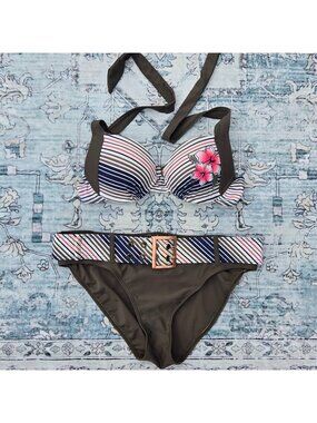 Y2K Belted Bikini Underwire Push Up Khaki Green Pink Stripe Top 10 Bottoms 12